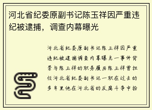 河北省纪委原副书记陈玉祥因严重违纪被逮捕，调查内幕曝光