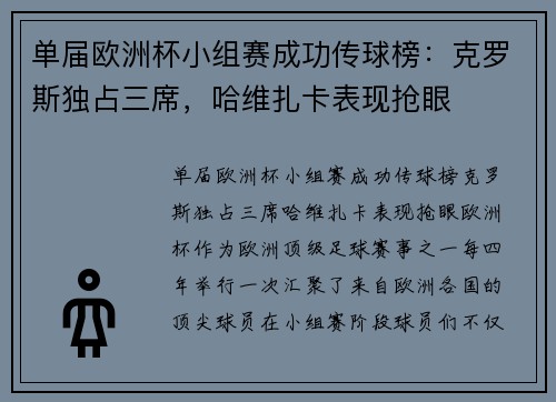 单届欧洲杯小组赛成功传球榜：克罗斯独占三席，哈维扎卡表现抢眼