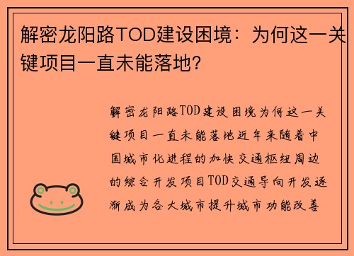 解密龙阳路TOD建设困境：为何这一关键项目一直未能落地？