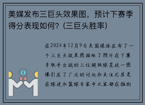 美媒发布三巨头效果图，预计下赛季得分表现如何？(三巨头胜率)