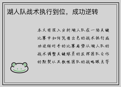 湖人队战术执行到位，成功逆转