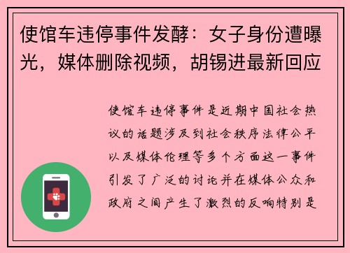 使馆车违停事件发酵：女子身份遭曝光，媒体删除视频，胡锡进最新回应