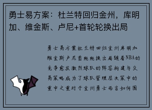 勇士易方案：杜兰特回归金州，库明加、维金斯、卢尼+首轮轮换出局