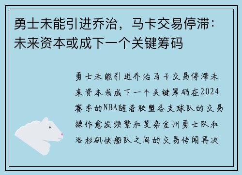 勇士未能引进乔治，马卡交易停滞：未来资本或成下一个关键筹码